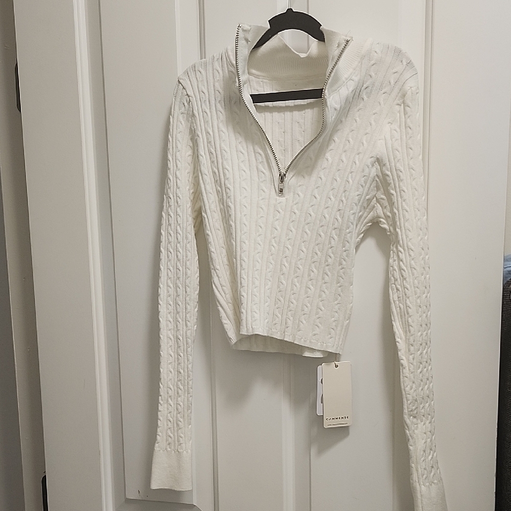 Commense White Cable-Knit Half-Zip Sweater